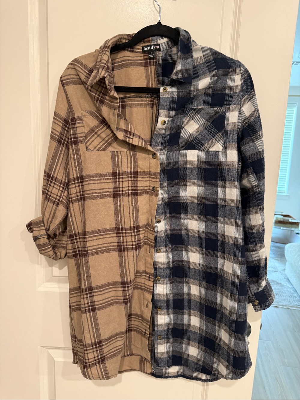 Justify Split Plaid Button-Up Shirt Jacket - Beige & Navy